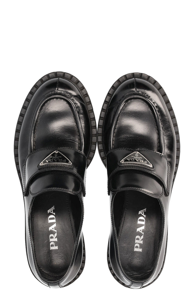 PRADA Logo Loafers Black Leather