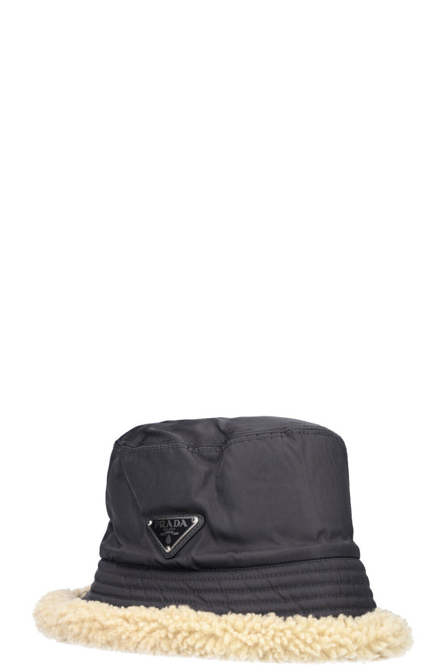 PRADA Bucket Hat with Shearling Lining Nylon Black