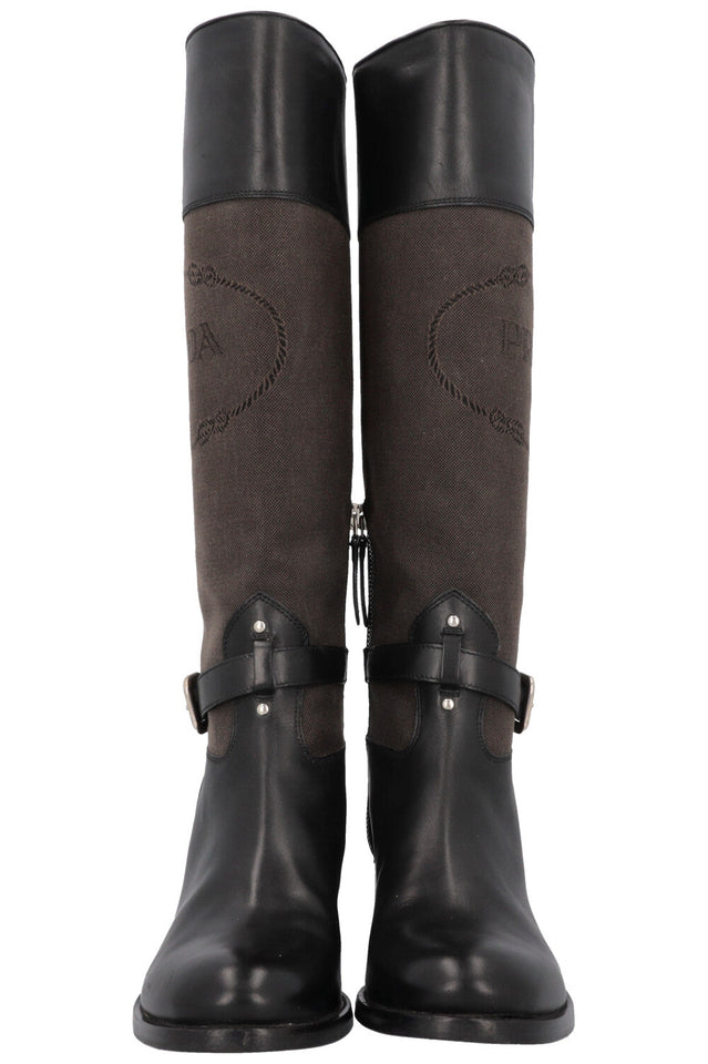 PRADA Logo Knee High Boots Canvas Leather