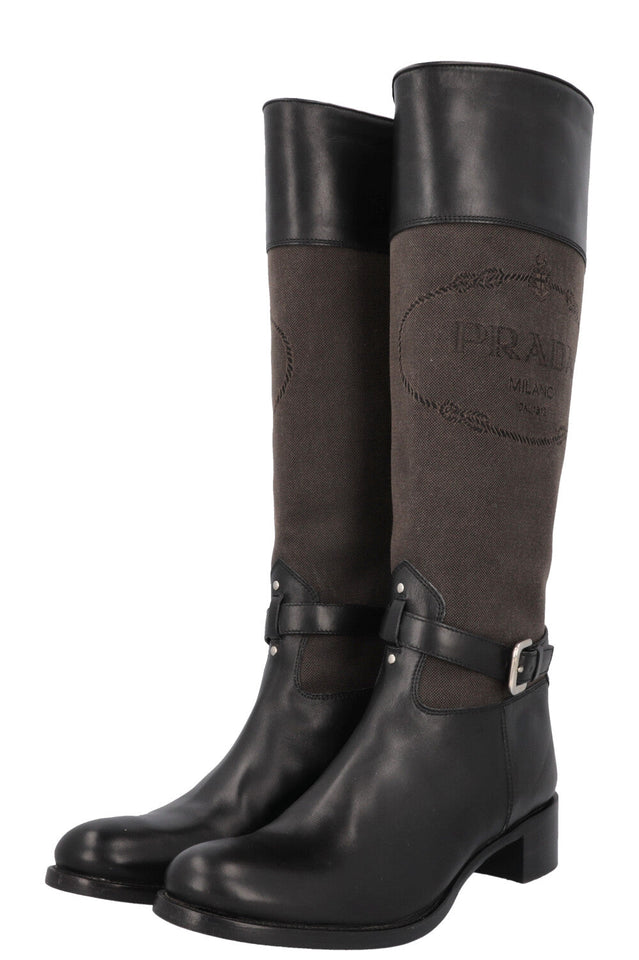 PRADA Logo Knee High Boots Canvas Leather