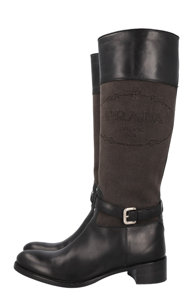 PRADA Logo Knee High Boots Canvas Leather