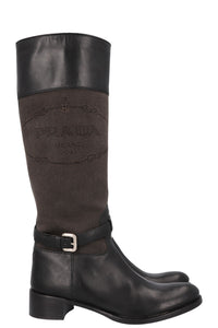 PRADA Logo Knee High Boots Canvas Leather