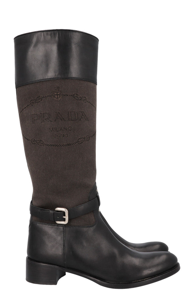 PRADA Logo Knee High Boots Canvas Leather