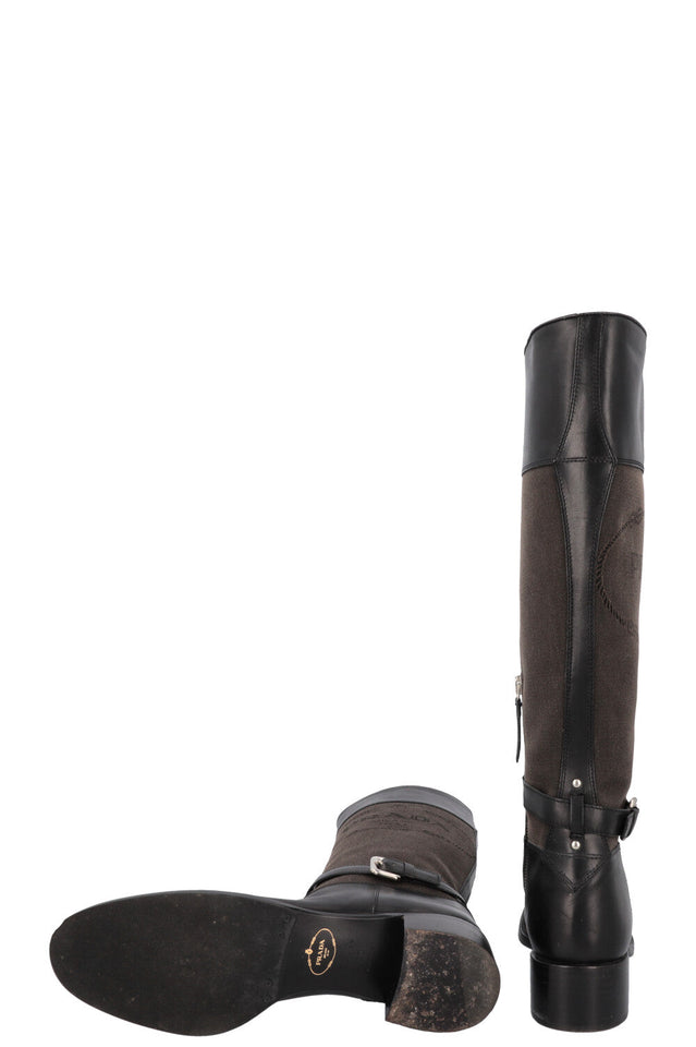 PRADA Logo Knee High Boots Canvas Leather