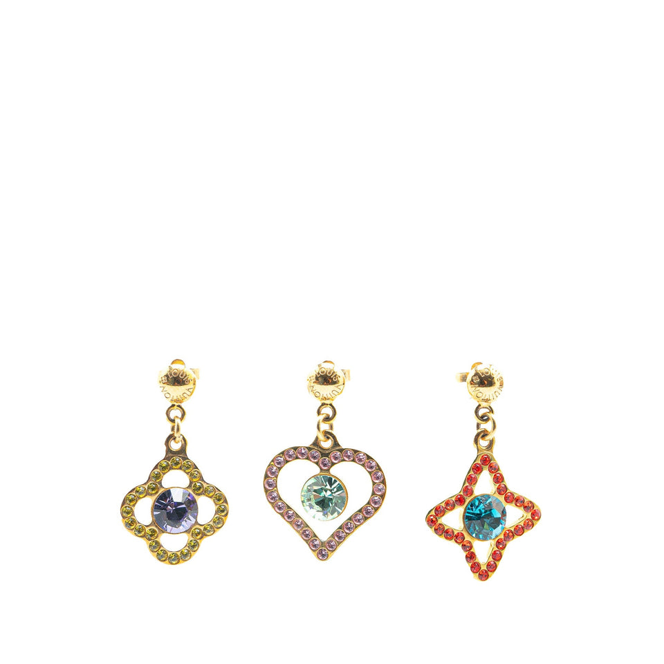 Gold Louis Vuitton Crystal Eye Candy Fleur Heart Drop Earrings