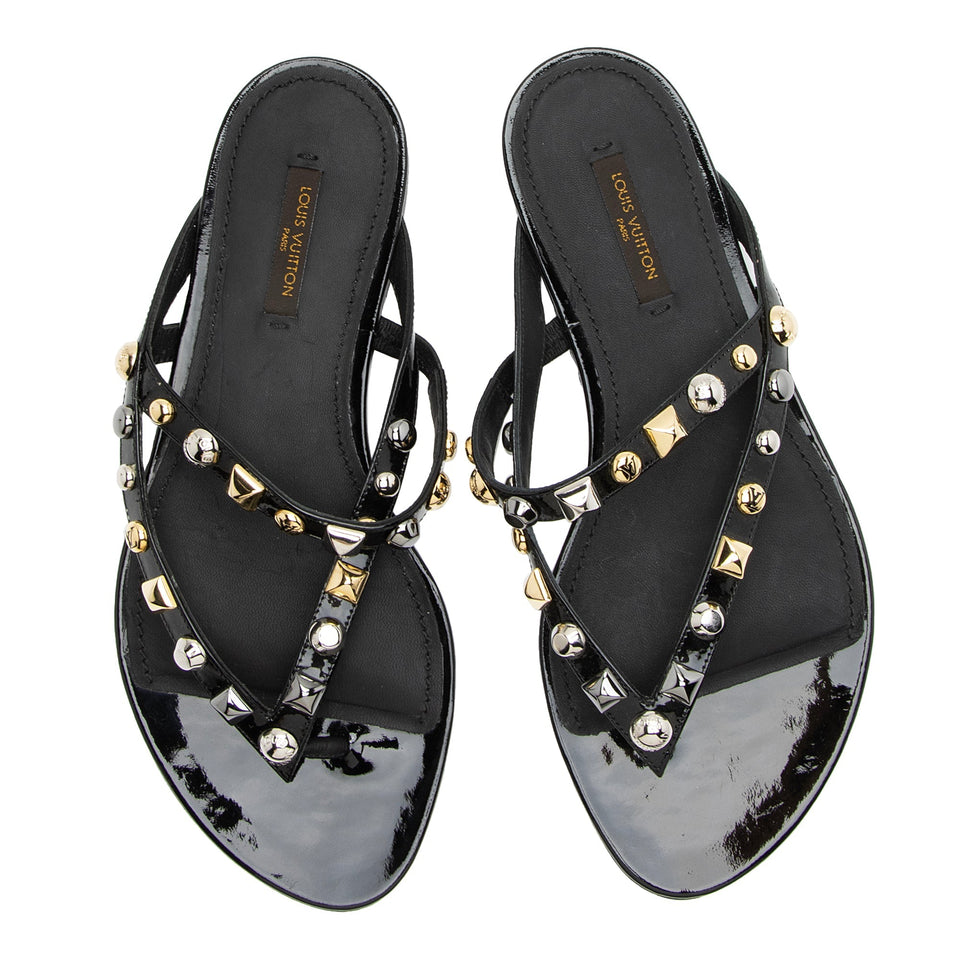 Louis Vuitton Patent Leather Studded Slide Sandals - Size 8 / 38 (SHF-23338)