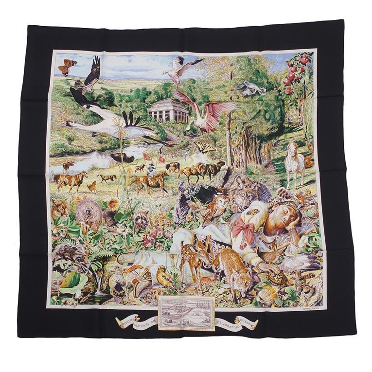 Hermes "Madison Avenue" Black Silk Twill Scarf 90cm