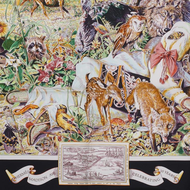 Hermes "Madison Avenue" Black Silk Twill Scarf 90cm