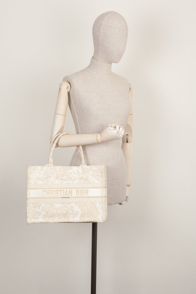 CHRISTIAN DIOR Medium Book Tote Toile de Jouy Embroidery Gold & White