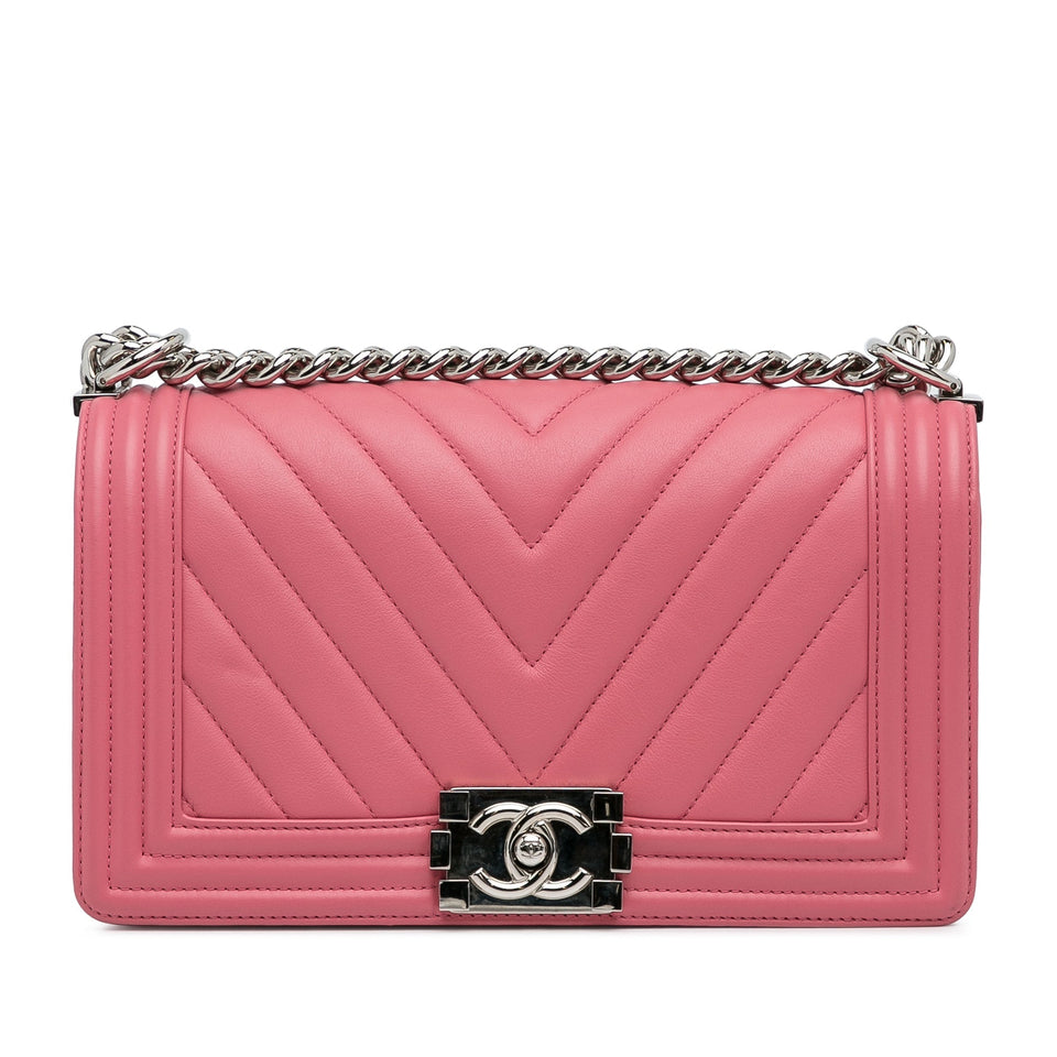 Chanel Boy Flap Medium Pink Chevron Lambskin Silver