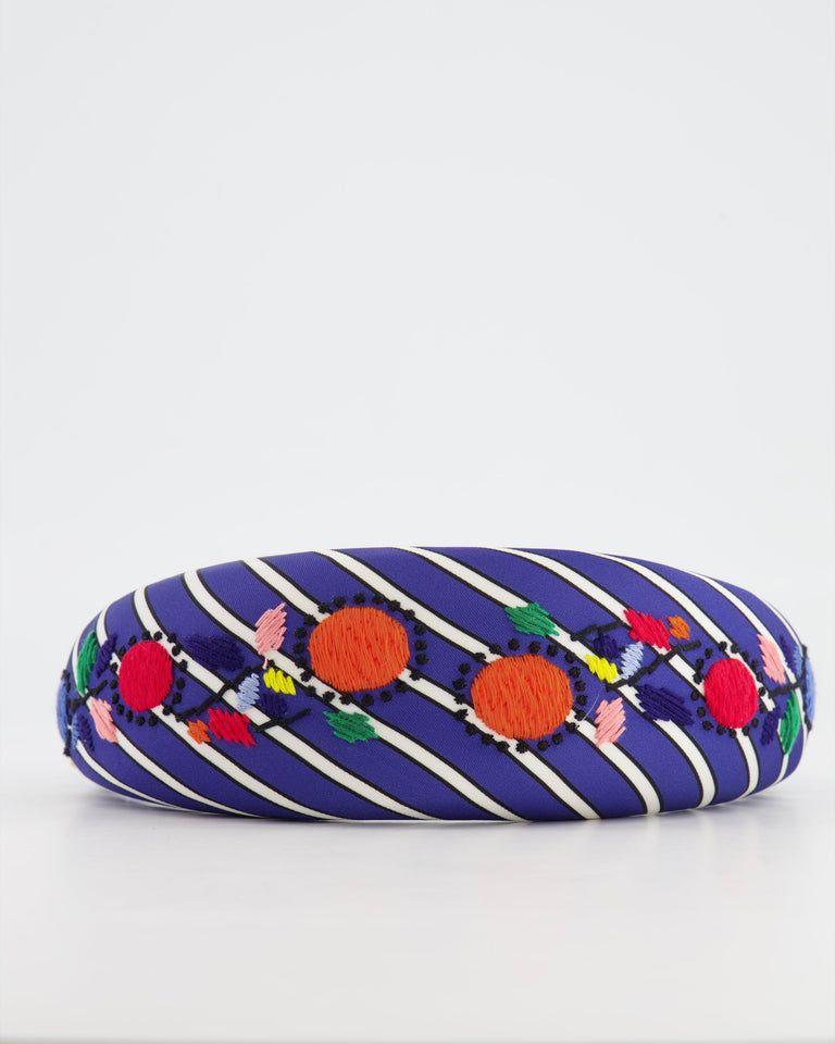 Prada Blue Striped Headband with Embroidery Details