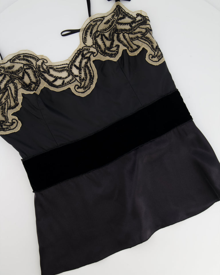 Prada Black Silk Lingerie Top and Midi Skirt Set with Embroidery Details Size IT 42 (UK 10)