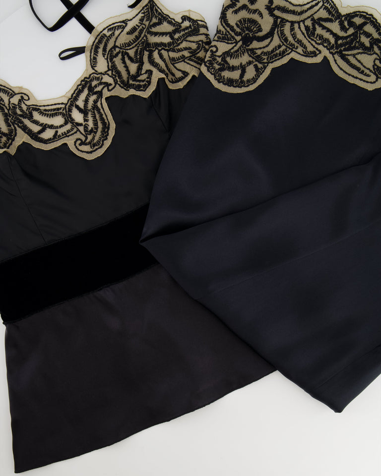 Prada Black Silk Lingerie Top and Midi Skirt Set with Embroidery Details Size IT 42 (UK 10)