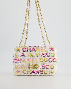 & CURRENT SEASON* Chanel Cruise 2024 White, Yellow, Pink and Blue Sequin Small Flap Bag with Gold Hardware