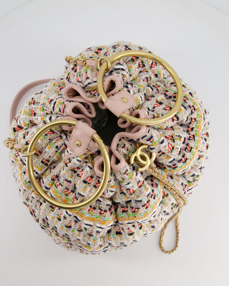 Chanel Limited Edition Multi-Colour Tweed Chesterfield Bucket Bag with Brushed Gold Ring Detail