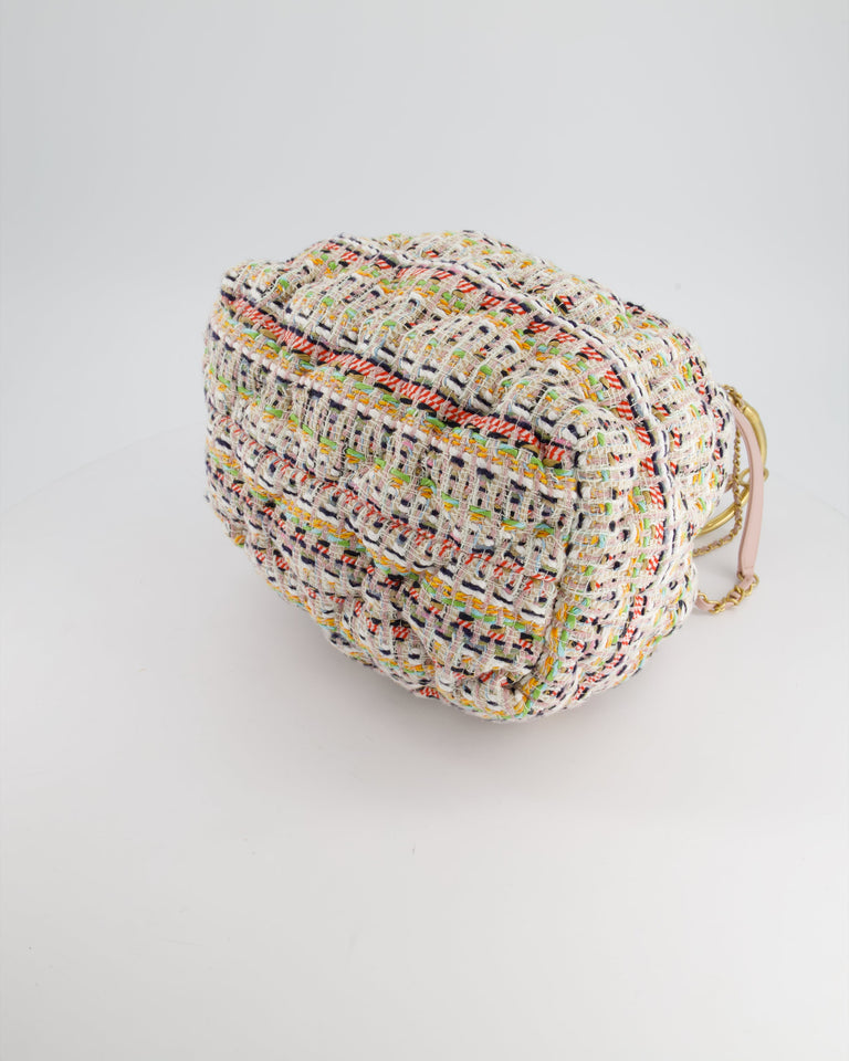 Chanel Limited Edition Multi-Colour Tweed Chesterfield Bucket Bag with Brushed Gold Ring Detail