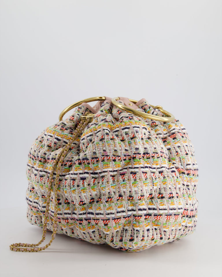 Chanel Limited Edition Multi-Colour Tweed Chesterfield Bucket Bag with Brushed Gold Ring Detail