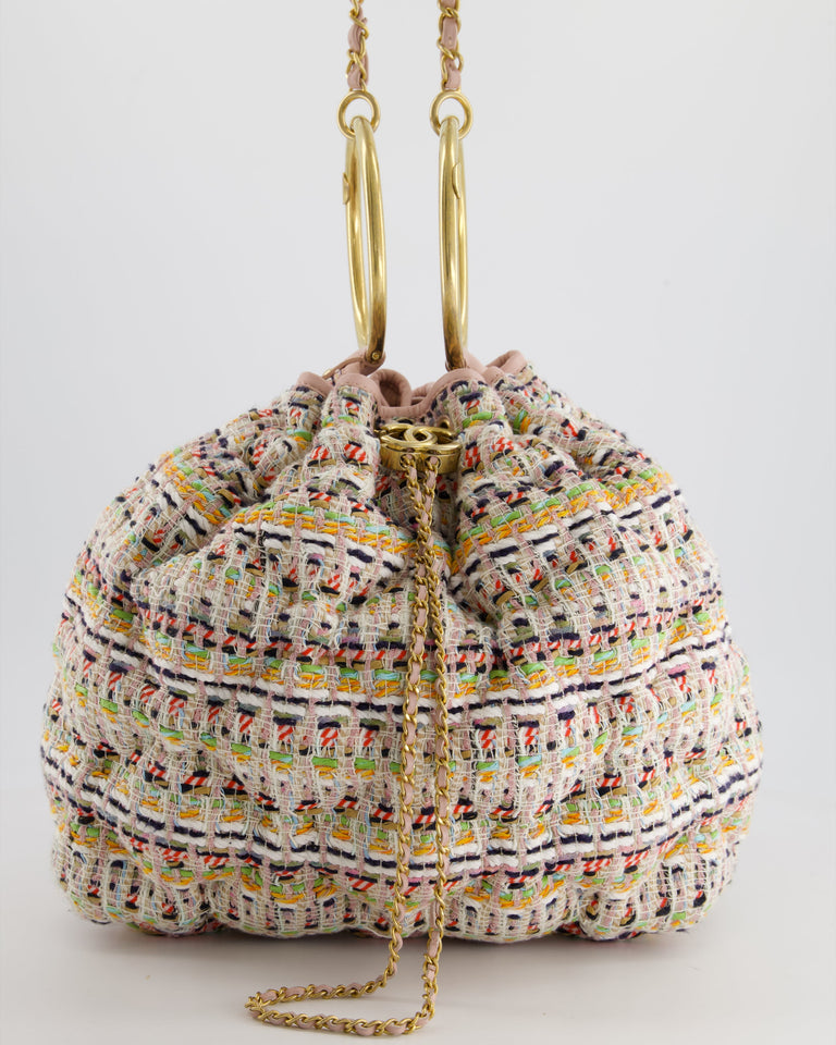 Chanel Limited Edition Multi-Colour Tweed Chesterfield Bucket Bag with Brushed Gold Ring Detail