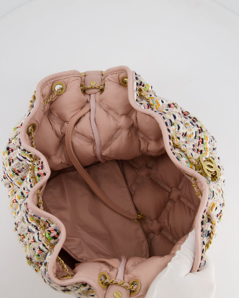 Chanel Limited Edition Multi-Colour Tweed Chesterfield Bucket Bag with Brushed Gold Ring Detail