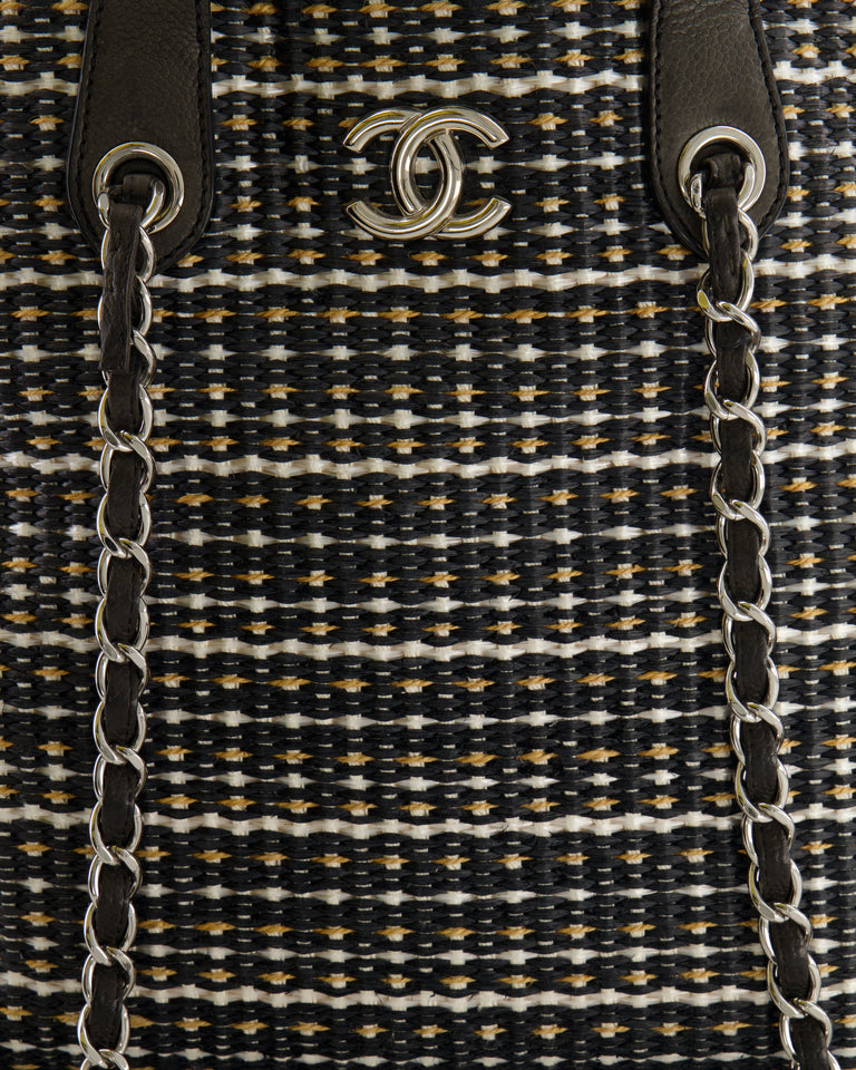 Chanel Black Raffia Chain CC Tote Bag with Silver Hardware