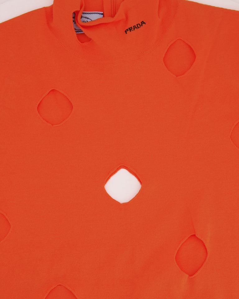 Prada Orange Wool Knit Cut-Out Jumper with Black Logo Detail Size IT 48 (UK 16)
