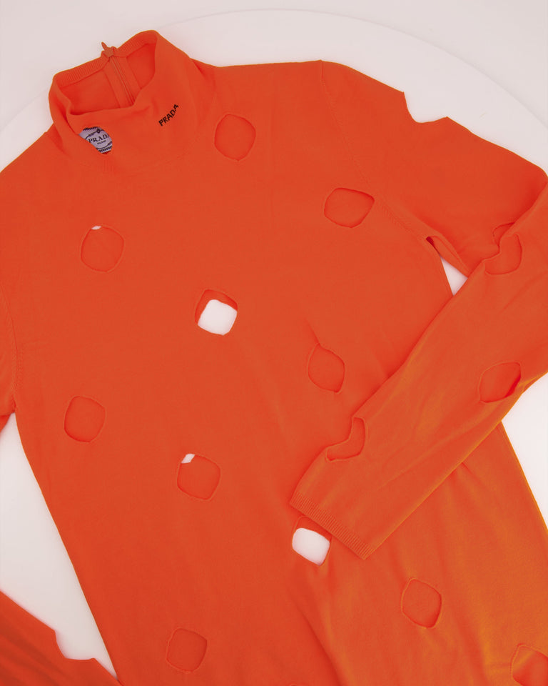 Prada Orange Wool Knit Cut-Out Jumper with Black Logo Detail Size IT 48 (UK 16)