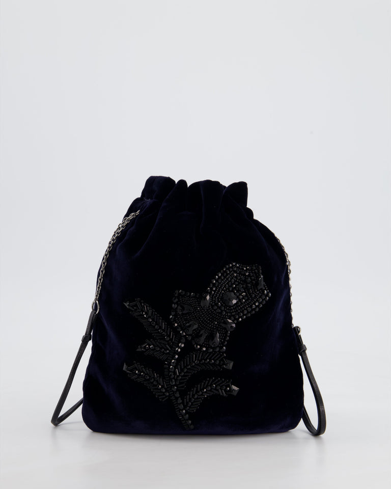 Prada Navy Velvet Draw-String Mini Bag with Beaded Flower Detail