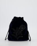 Prada Navy Velvet Draw-String Mini Bag with Beaded Flower Detail