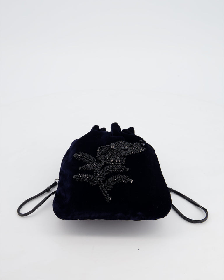 Prada Navy Velvet Draw-String Mini Bag with Beaded Flower Detail
