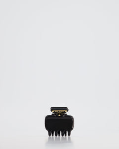 Prada Black Enameled Metal Claw Hair Clip with Gold Triangle Logo Plaque