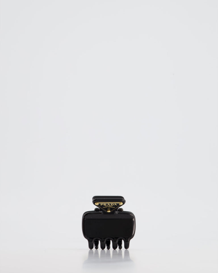 Prada Black Enameled Metal Claw Hair Clip with Gold Triangle Logo Plaque