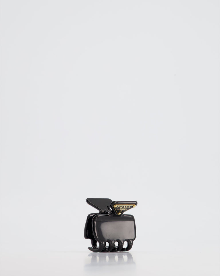 Prada Black Enameled Metal Claw Hair Clip with Gold Triangle Logo Plaque