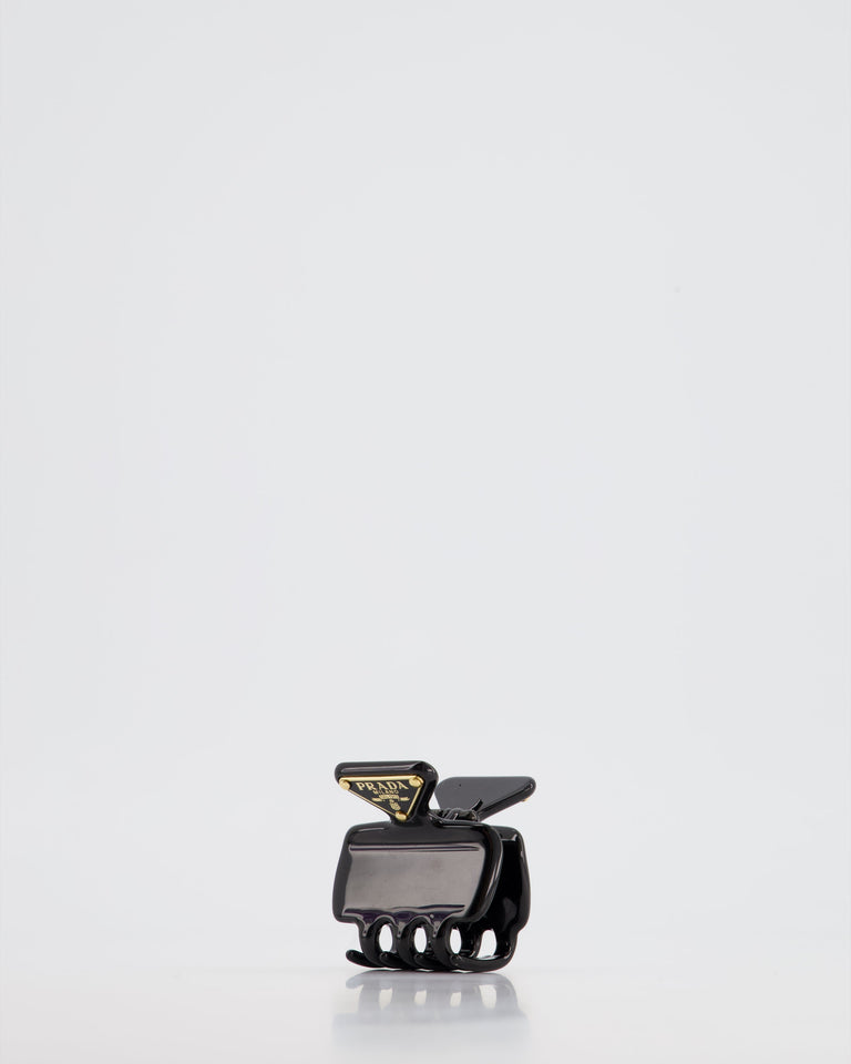 Prada Black Enameled Metal Claw Hair Clip with Gold Triangle Logo Plaque