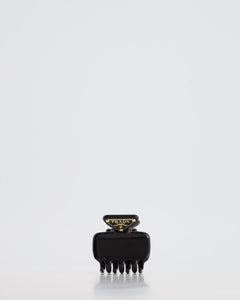 Prada Black Enameled Metal Claw Hair Clip with Gold Triangle Logo Plaque