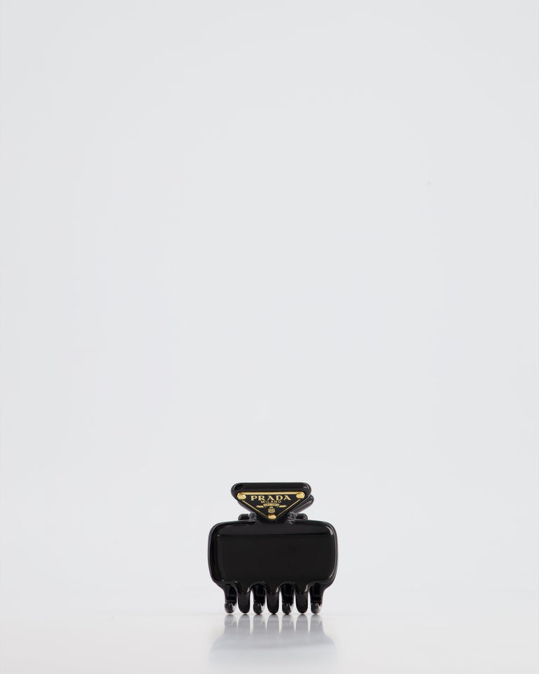Prada Black Enameled Metal Claw Hair Clip with Gold Triangle Logo Plaque