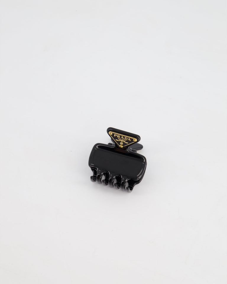 Prada Black Enameled Metal Claw Hair Clip with Gold Triangle Logo Plaque