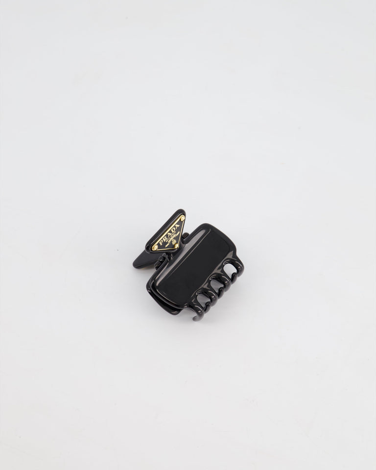 Prada Black Enameled Metal Claw Hair Clip with Gold Triangle Logo Plaque