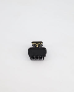 Prada Black Enameled Metal Claw Hair Clip with Gold Triangle Logo Plaque