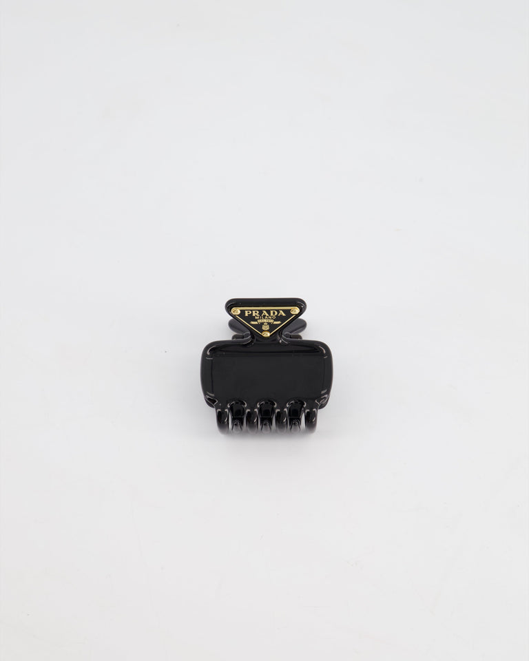 Prada Black Enameled Metal Claw Hair Clip with Gold Triangle Logo Plaque