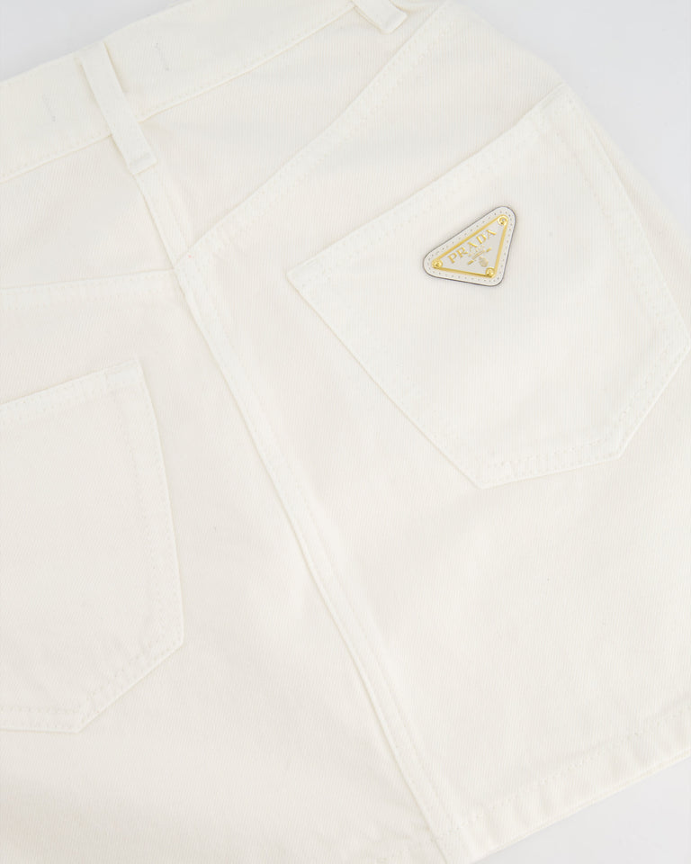 Prada White Denim Mini Skirt With Back Pocket Logo Detail Size IT 36 (UK 4)