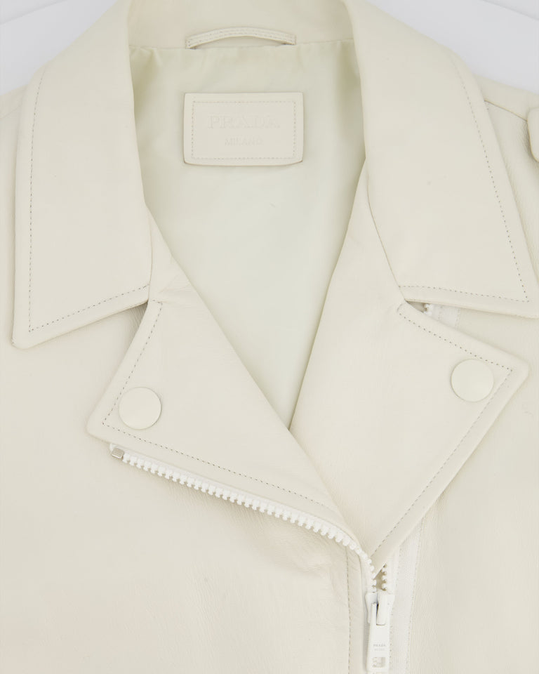 Prada Off White Leather Biker Asymmetric Jacket with Metal Logo Belt Buckle Detail Size IT 42 (UK 10)