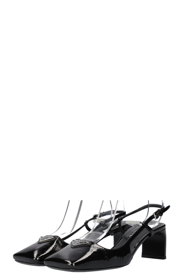 PRADA Logo Slingback Heels Patent Black