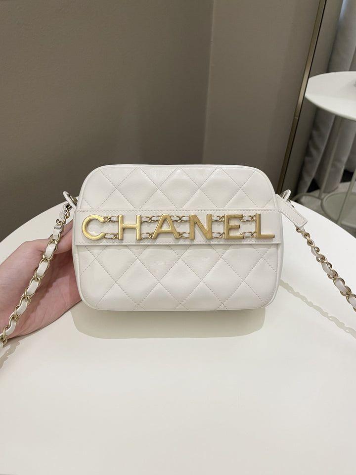 Chanel Quilted Enchained Camera Case Bag White Calfskin