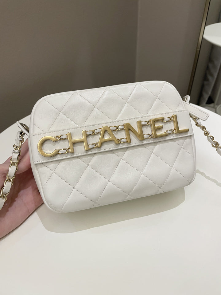 Chanel Quilted Enchained Camera Case Bag White Calfskin