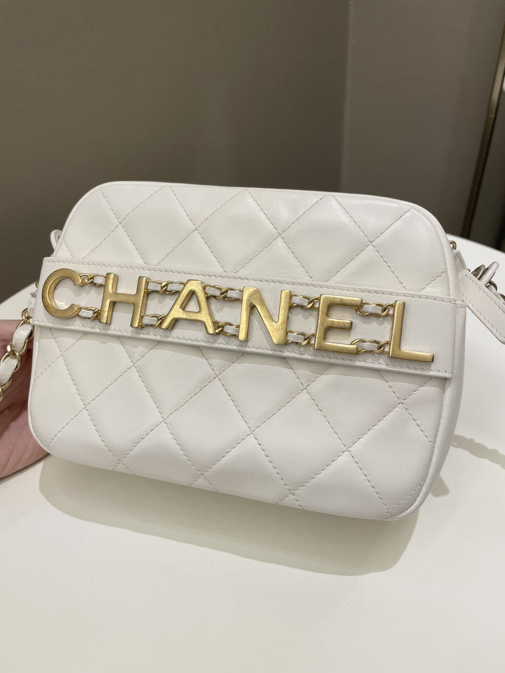 Chanel Quilted Enchained Camera Case Bag White Calfskin