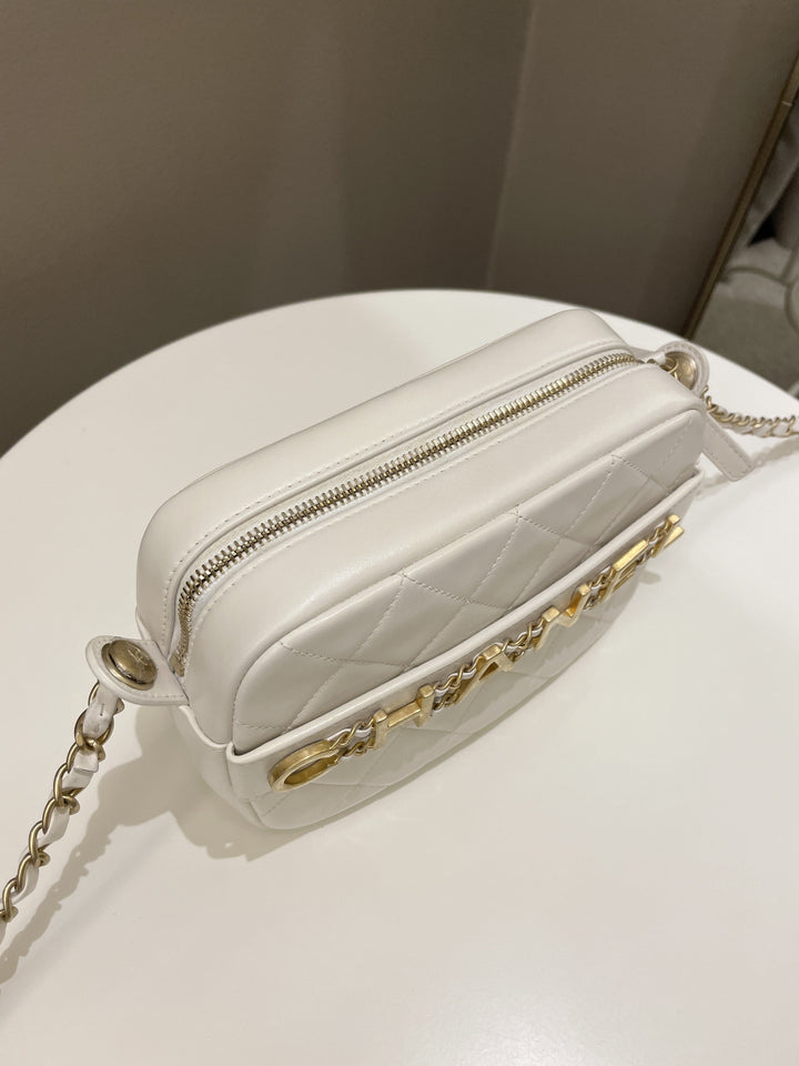 Chanel Quilted Enchained Camera Case Bag White Calfskin