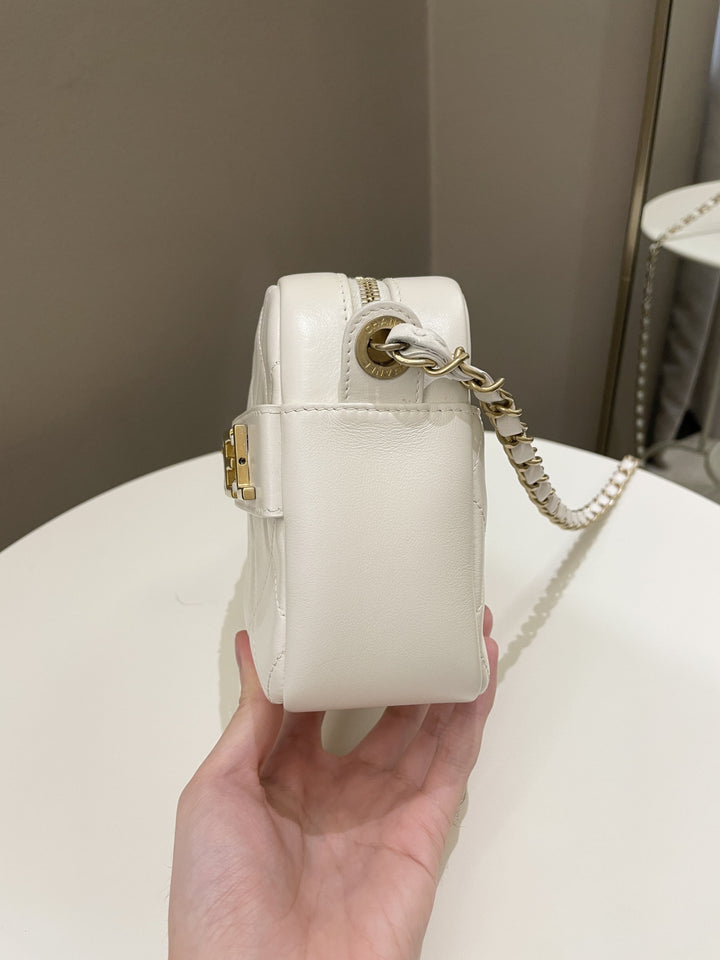 Chanel Quilted Enchained Camera Case Bag White Calfskin