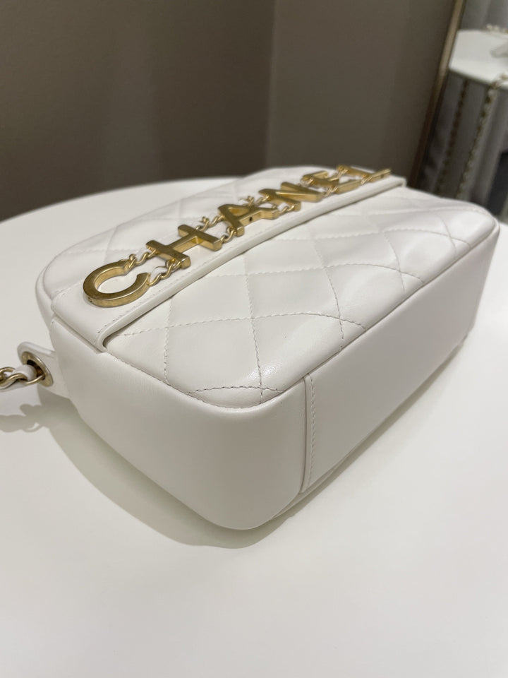 Chanel Quilted Enchained Camera Case Bag White Calfskin