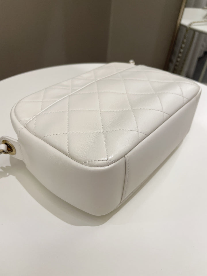 Chanel Quilted Enchained Camera Case Bag White Calfskin