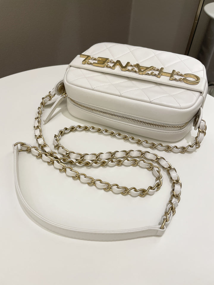 Chanel Quilted Enchained Camera Case Bag White Calfskin